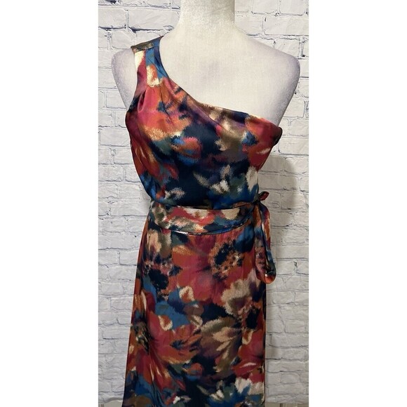 Nicole Miller NY Floral Silky Split Leg One Shoulder Maxi Dress Belted Size 6 - Picture 4 of 9